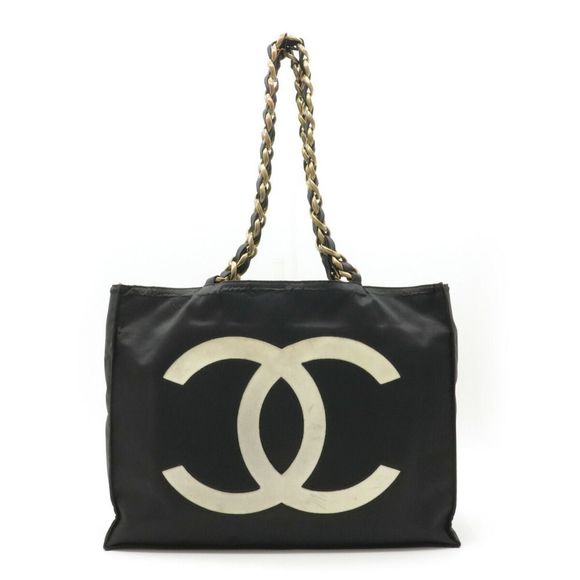 Chanel Handbags - Chanel Chain Shoulder Bag Nylon Black White Gold Metal Fittings